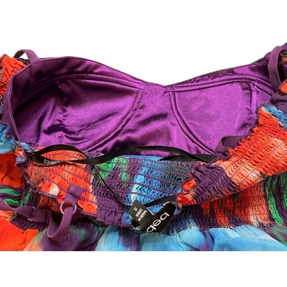 Bebe Women Sz Small 90s Y2K Boho Multicolor Babydoll Mini Dress Silk Blend - Picture 6 of 9